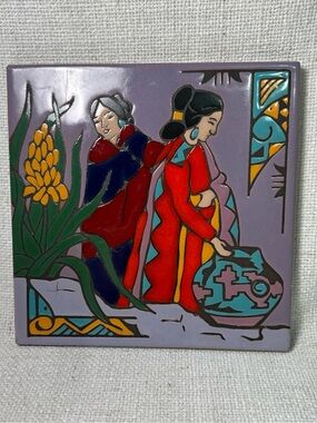 Mag Mor Ceramic Santa Fe New Mexico Southwest Native Woman Glazing Pot Art Tile